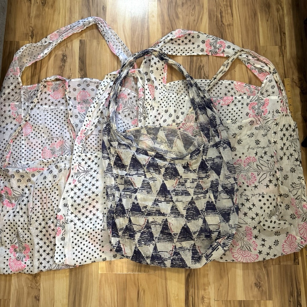 Lot Of 6 Free People Linen Reusable Tote Bags Floral Pink Blue Large Medium Bag